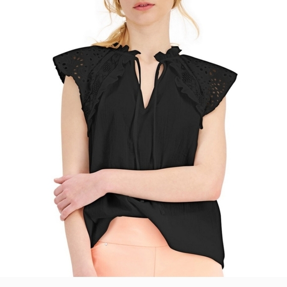 INC INTERNATIONAL CONCEPTS TOP WITH EYELET LACE SLEEVE BLACK SIZE LARGE - Picture 1 of 11
